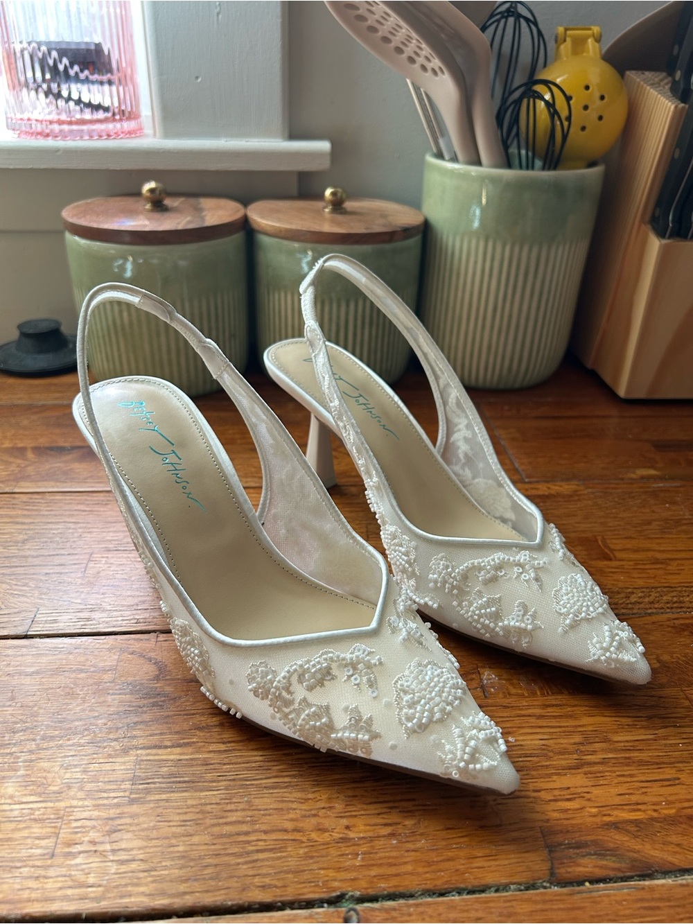Betsey Johnson Ivory Beaded Pointed Toe Slingback Heels